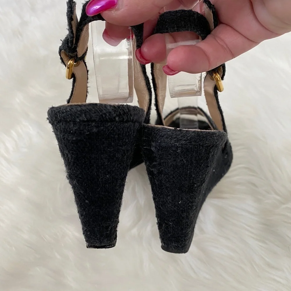 Prada tweed slingback peep toe wedges, Sz. 36.5